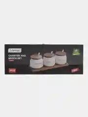 Белый набор керамических банок для сыпучих продуктов, с ложечками, на подставке, 3 шт по 400 мл