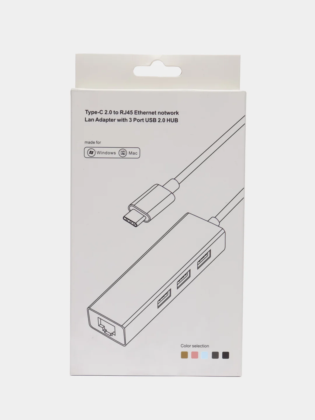 Концентратор, переходник Type-C, 3 х USB 2.0, Ethernet-порт, RJ45 LAN, Type-C сетевая карта