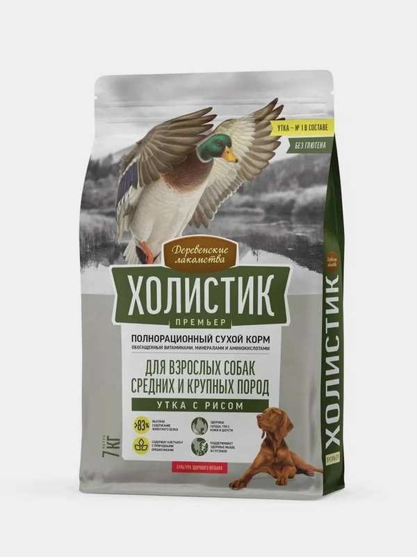 Деревенские лакомства Холистик Премьер 7кг утка с рисом д/соб. сред. и круп. Пород