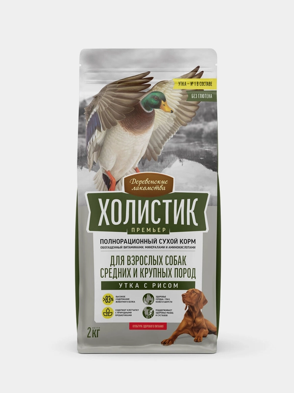 Деревенские лакомства Холистик Премьер 2кг утка с рисом д/соб. сред. и круп. пород