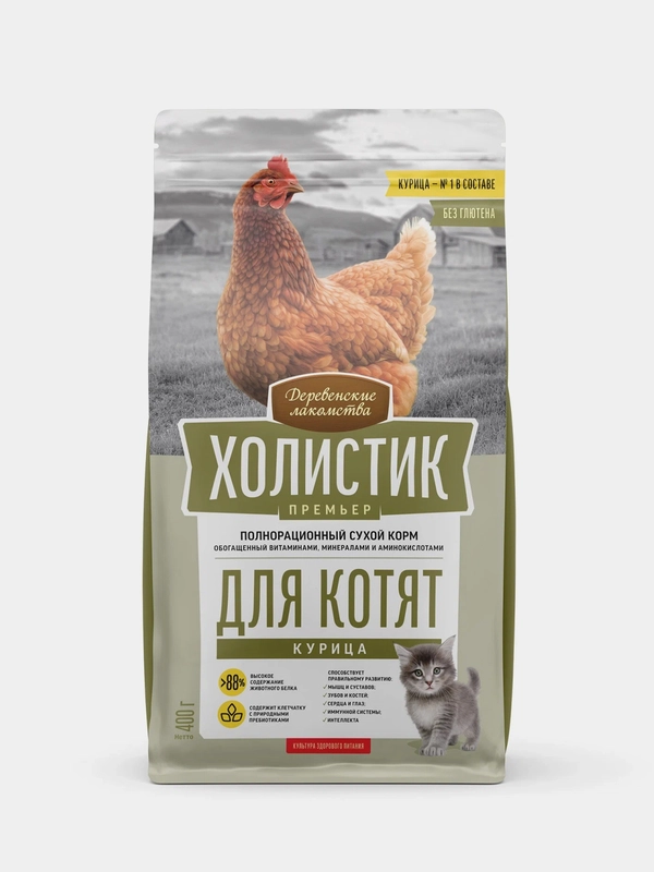 Деревенские лакомства Холистик Премьер 400г, сухой курица д/котят