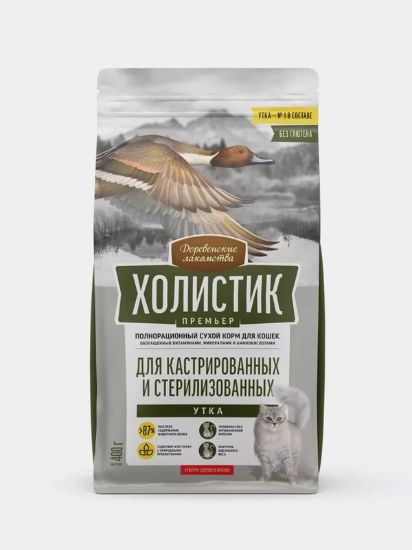 Деревенские лакомства Холистик Премьер 400г, сухой утка д/кастр. и стерил.кошек