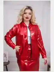 Красный бомбер из экокожи женский, большие размеры