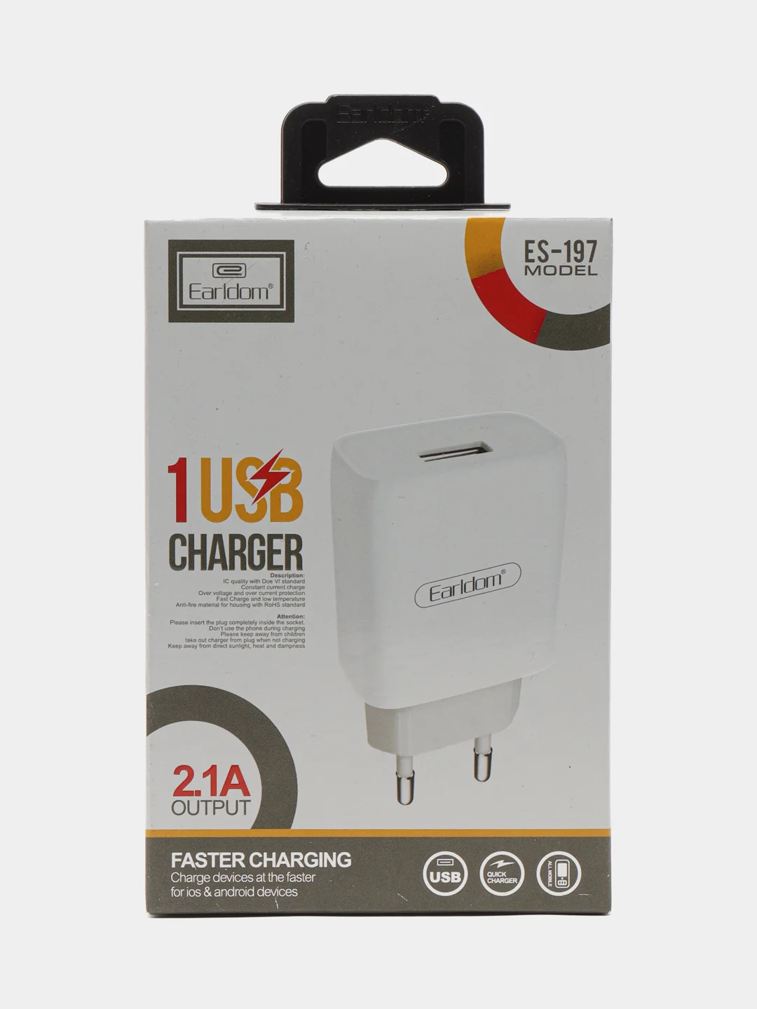 Белый сетевое зарядное устройство Earldom ES-197, 1 USB, 5V, 2.1A