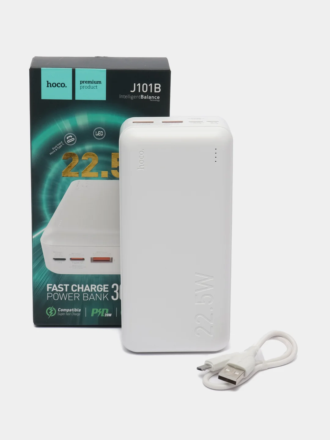 Белый внешний аккумулятор 30000mAh 2USB+ Type-C 3.0A PD 22.5W c LED-индикатором Hoco J101B