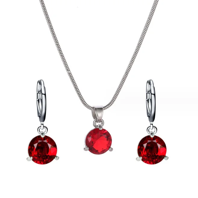 Красный комплект украшений Ruby. Женские серьги и цепочка с подвеской