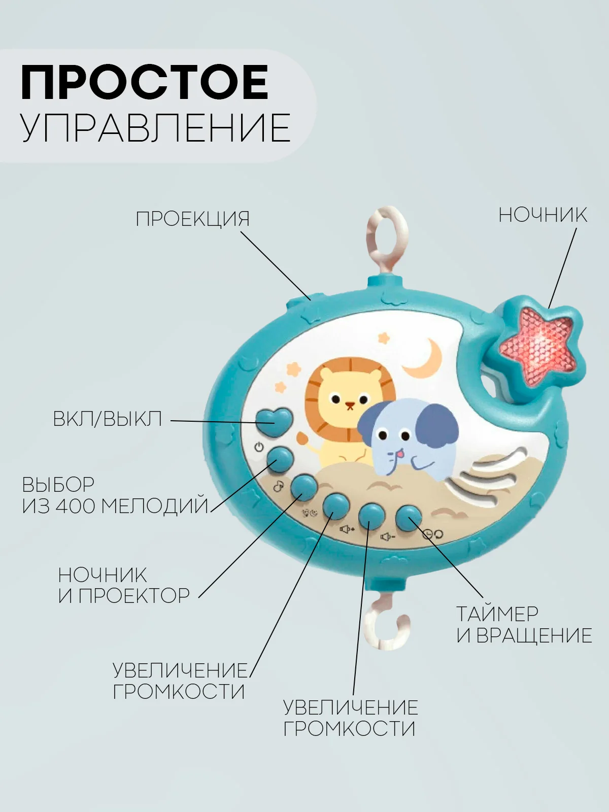 Игрушка-карусель для новорожденных КАРТОФАН, мобиль детский в кроватку музыкальный/дерево
