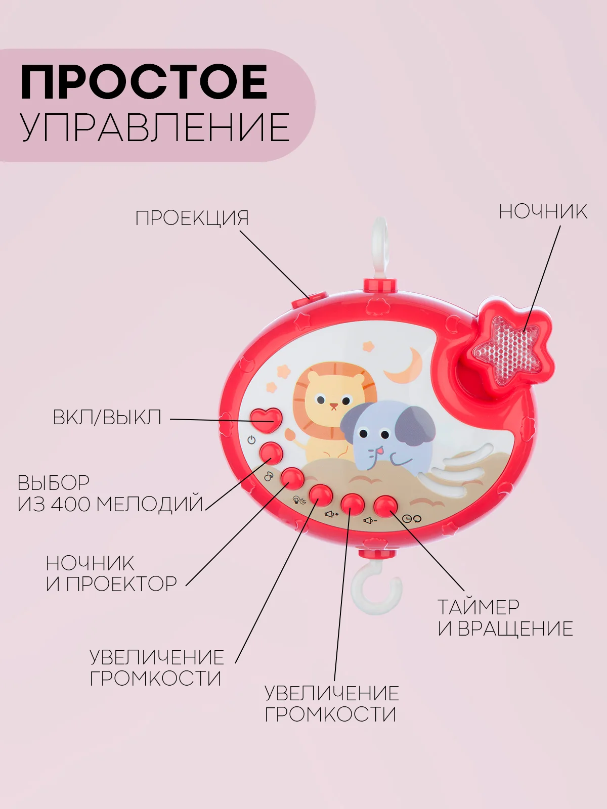 Игрушка-карусель для новорожденных КАРТОФАН, мобиль детский в кроватку музыкальный/дерево