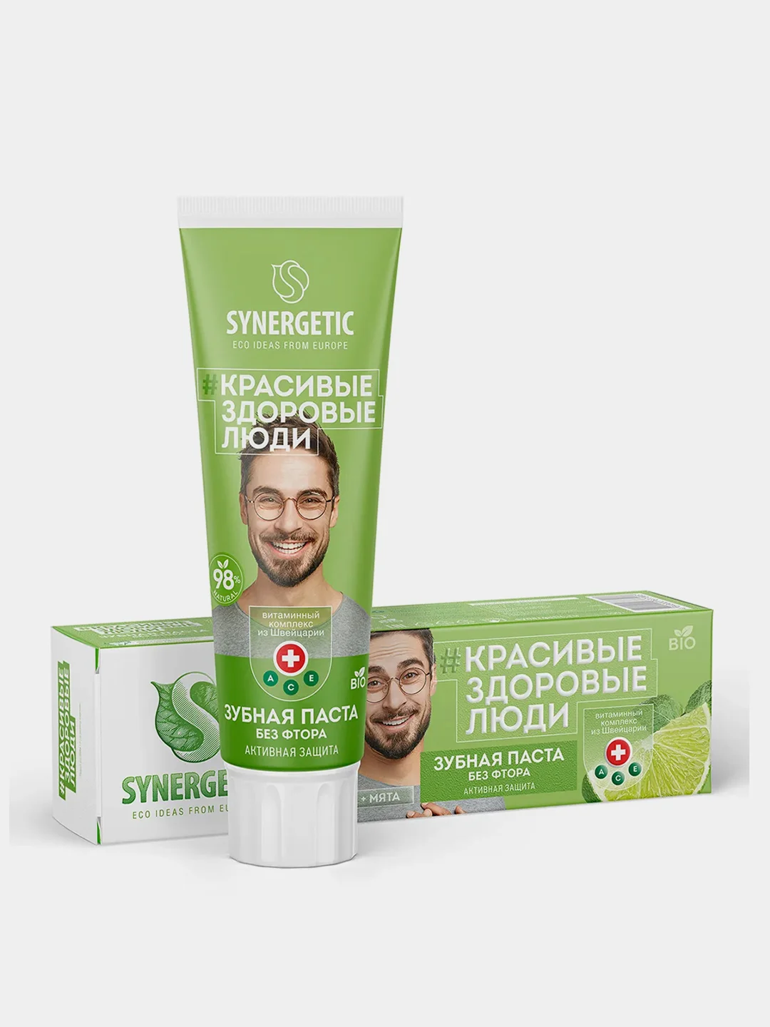 Зубная паста SYNERGETIC "Активная защита", натуральная, лаим и мята, без фтора, 100 г