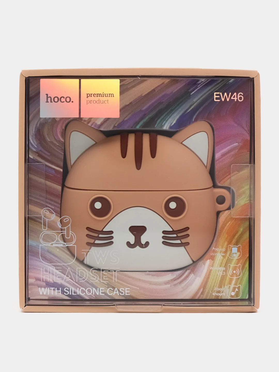 Розовый наушники беспроводные hoco Bluetooth 5.3, чехол "Котенок с ушками"