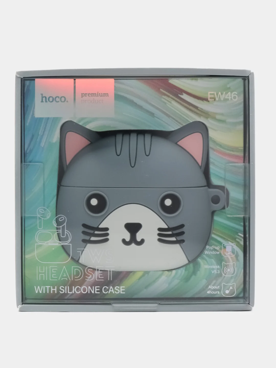 Серый наушники беспроводные hoco Bluetooth 5.3, чехол "Котенок с ушками"