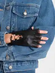 Черный кожаные митенки, с завязками