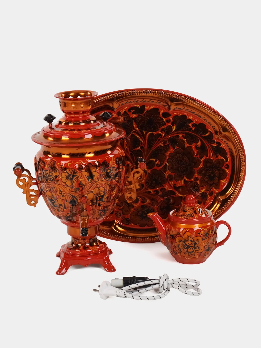 Алый самовар электрический "Хохлома", с подносом, чайником, 3 л