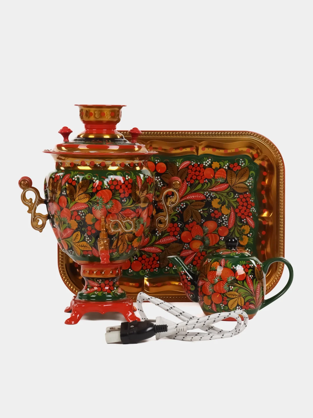 Алый самовар электрический "Хохлома", с подносом, чайником, 3 л