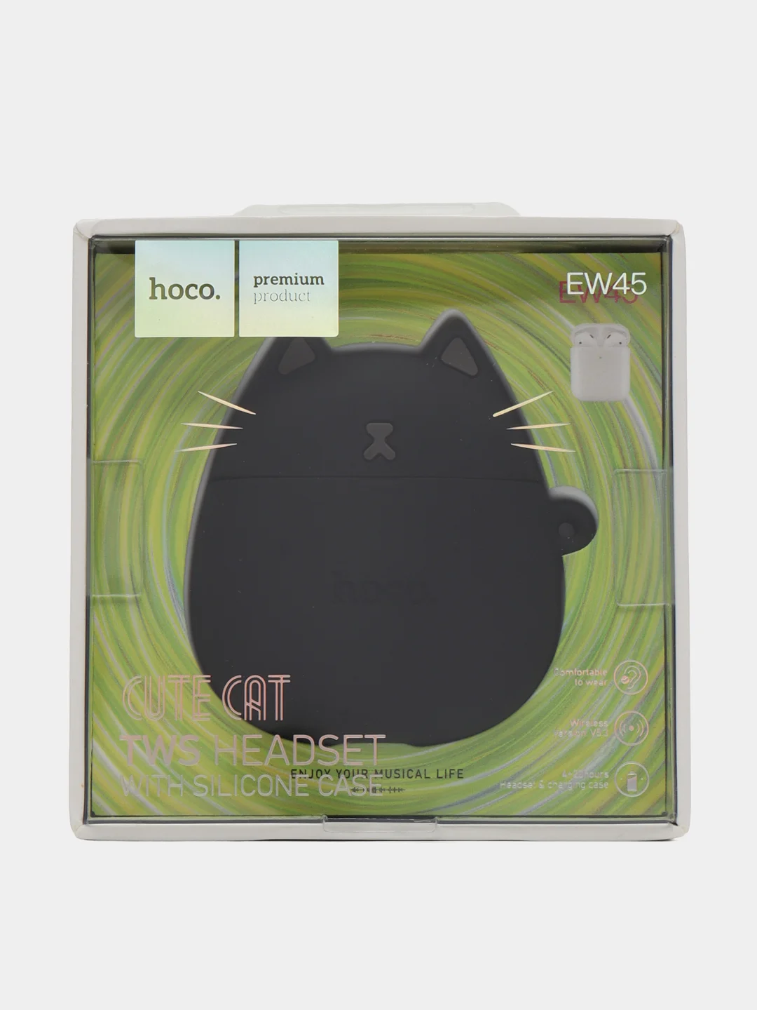 Черный беспроводные наушники HOCO EW45, с чехлом с котиками