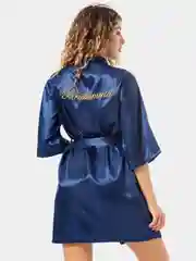 Темно-синий халат Bride с вышивкой, атласный женский