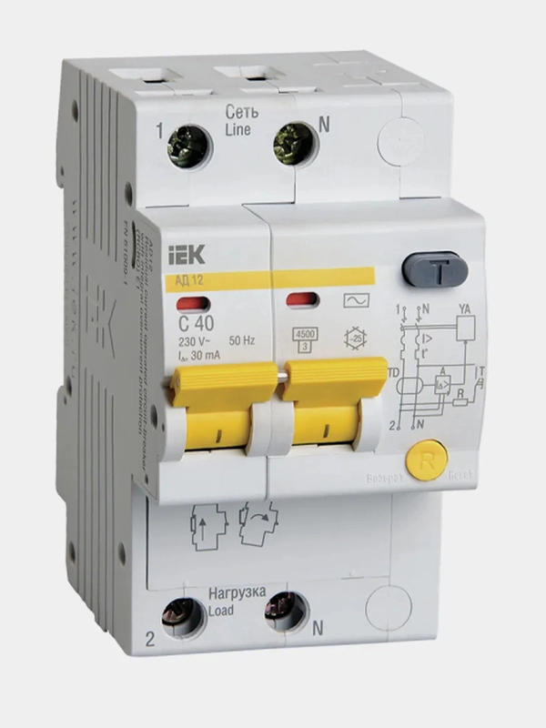Дифференциальный автомат IEK АД12, 2П, 40А, хар-ка С, 4,5кА, 30мА, АС
