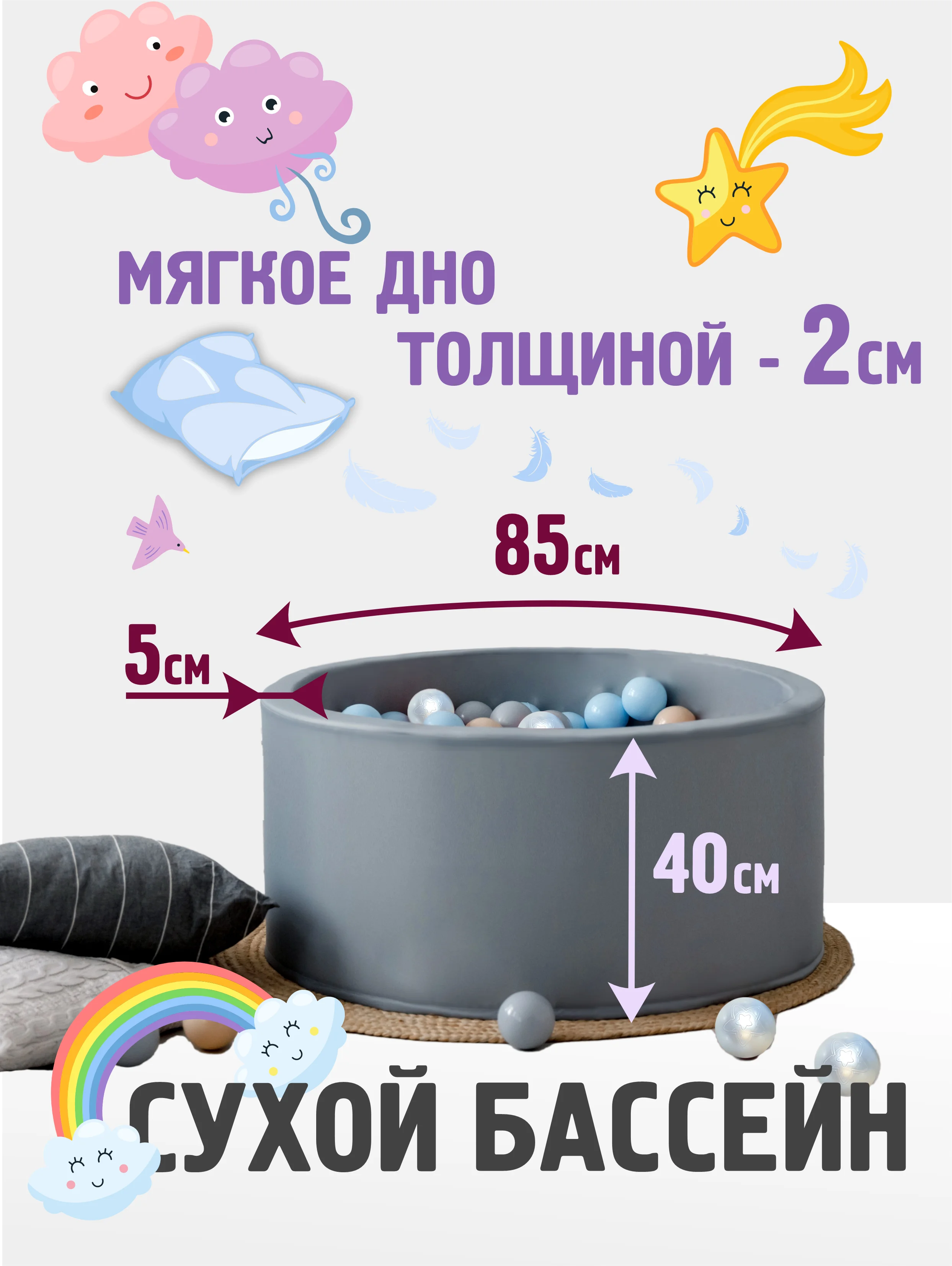 Мятный сухой бассейн 85*40 см с мягким основанием, 150 шариков в комплекте