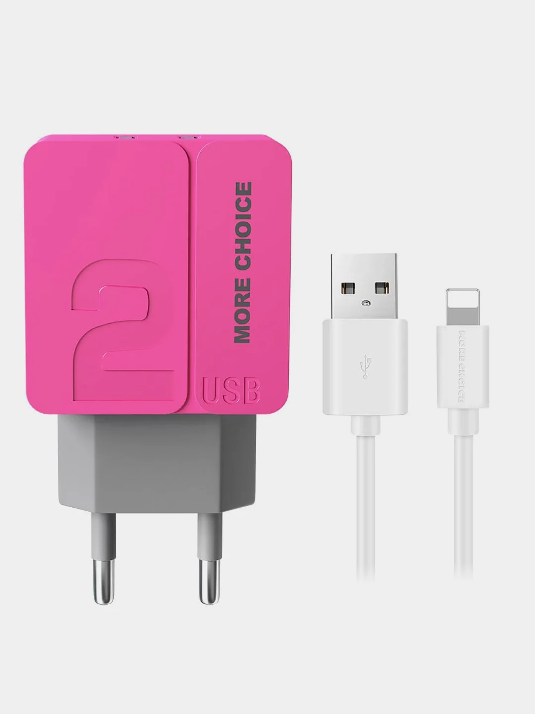 Розовый сетевое зарядное устройство More Choice NC46i, 2 USB 2.4A, с кабелем Lightning