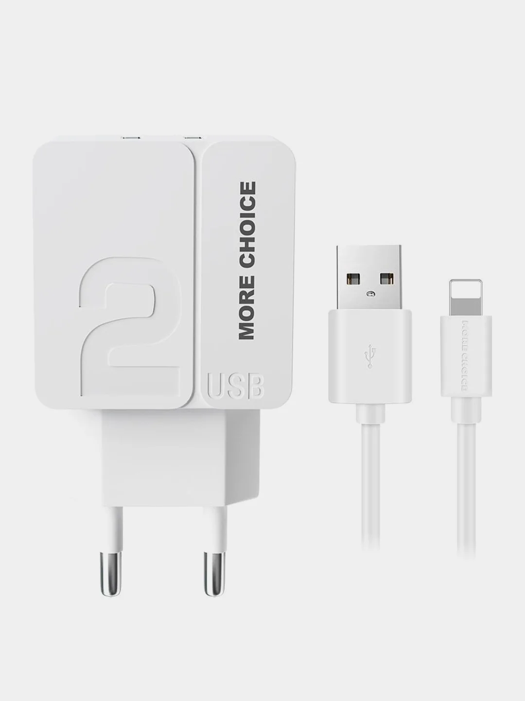 Белый сетевое зарядное устройство More Choice NC46i, 2 USB 2.4A, с кабелем Lightning