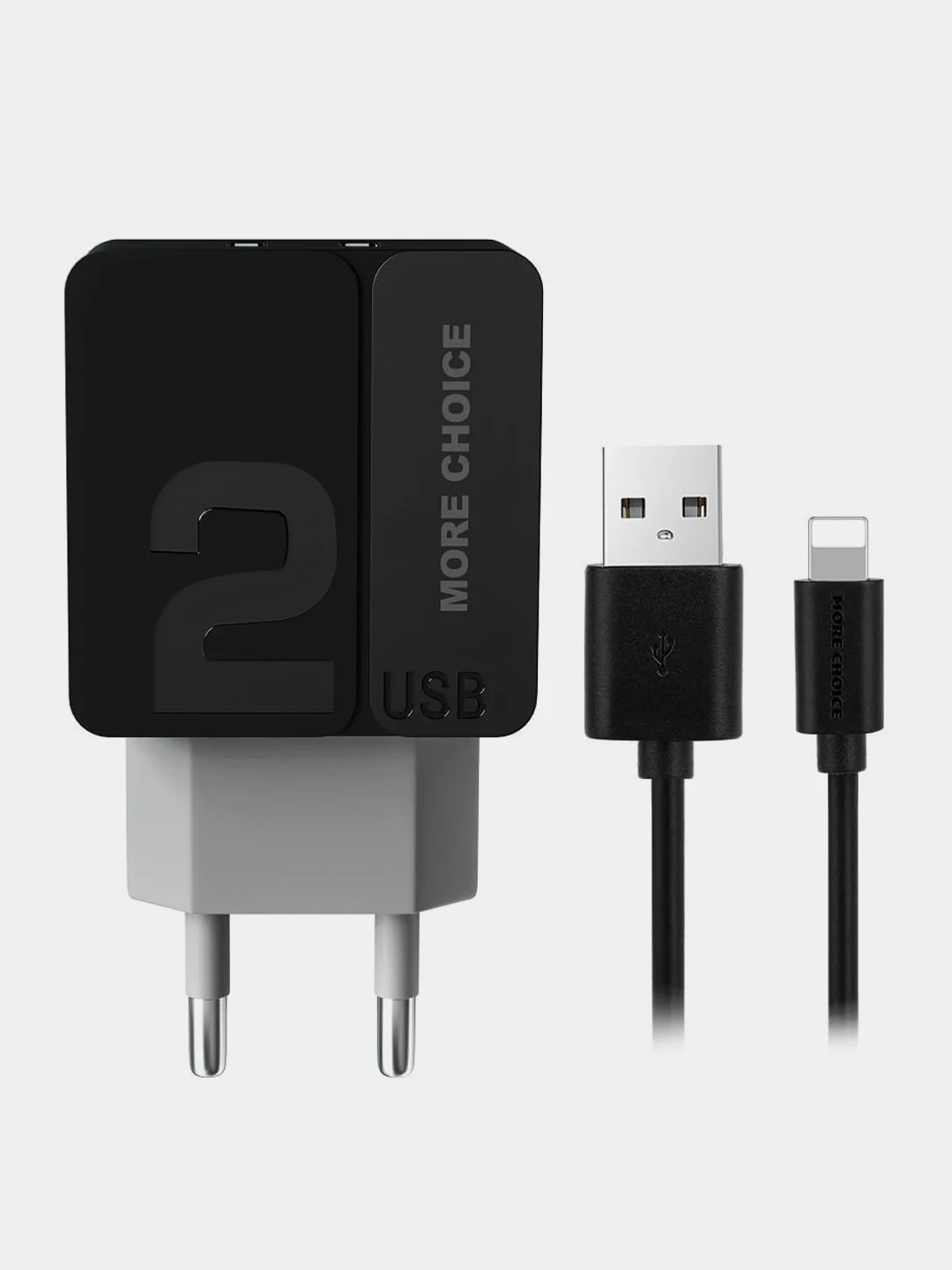 Тёмно-серый сетевое зарядное устройство More Choice NC46i, 2 USB 2.4A, с кабелем Lightning