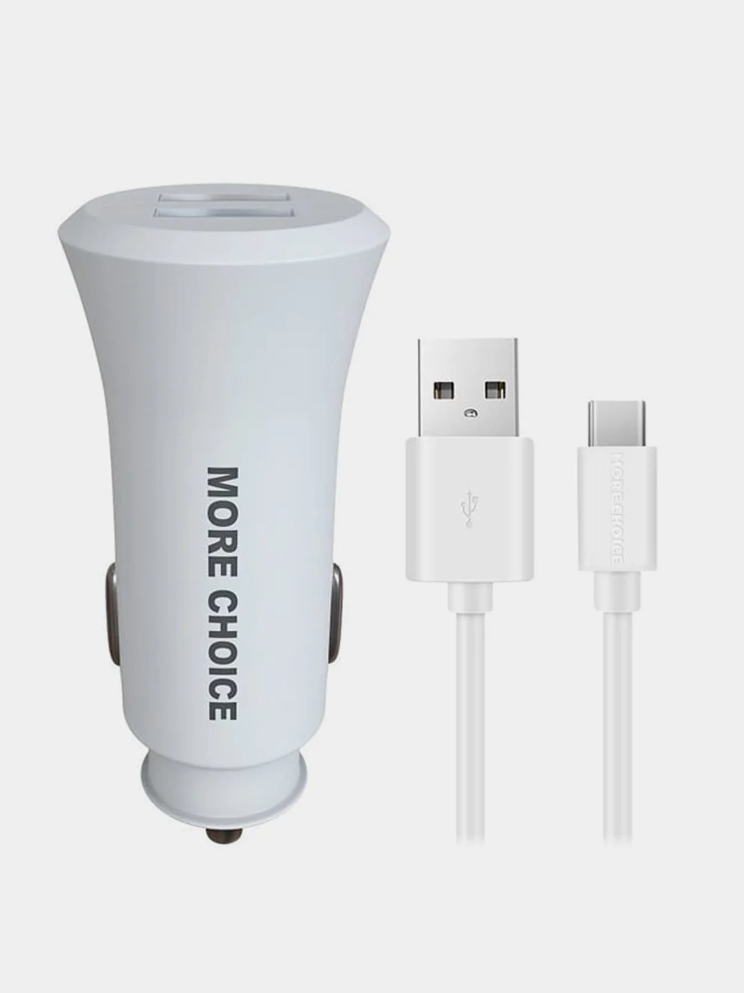 Белый автомобильное зарядное устройство More choice AC23a, 2 USB 2.4A, с кабелем Type-C