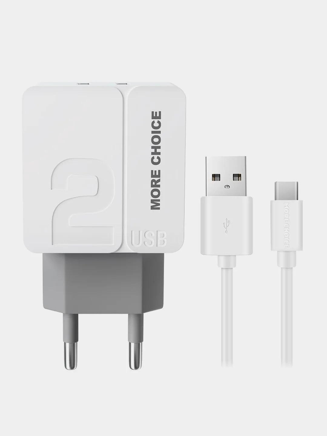 Серый сетевое зарядное устройство More Choice NC46a, 2 USB 2.4A, с кабелем Type-C