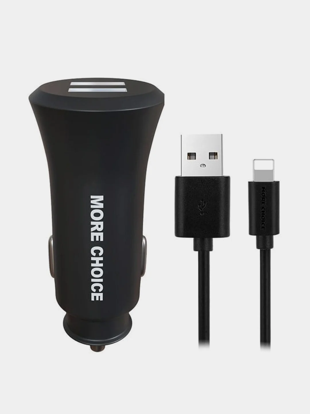 Черный автомобильное зарядное устройство More choice AC23i, 2 USB 2.4A, с кабелем Lightning
