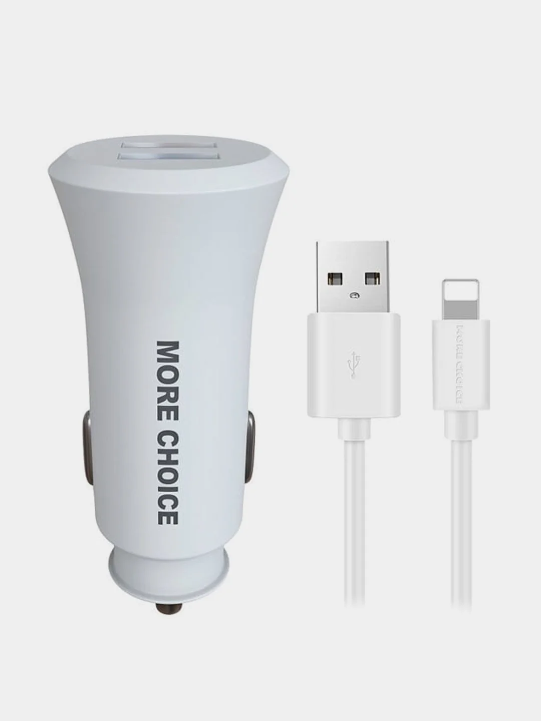 Белый автомобильное зарядное устройство More choice AC23i, 2 USB 2.4A, с кабелем Lightning