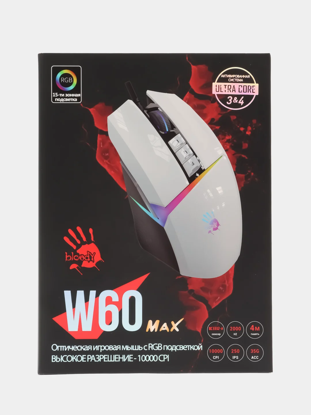 Мышь A4TECH Bloody W60 Max, игровая, оптическая, проводная, USB, w60 max, белая