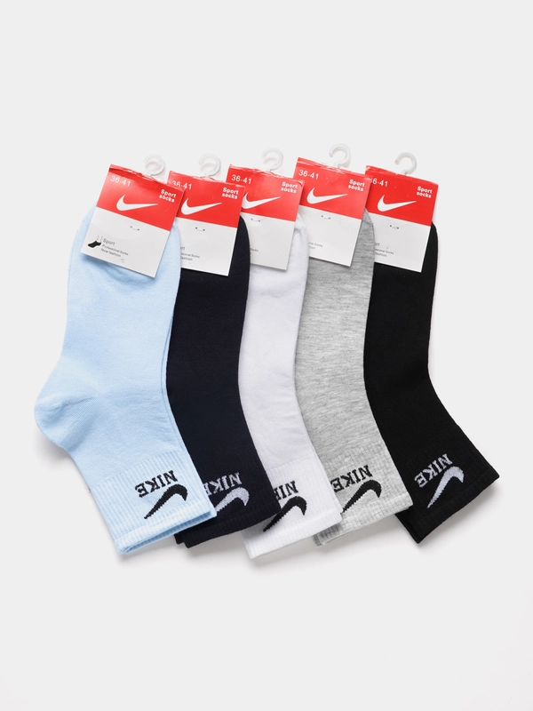 Носки женские спортивные с вышитым принтом  Найк (Nike) средней длины хлопок, набор 5 пар