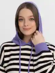 Сиреневый кофта вязаная, с капюшоном, в полоску