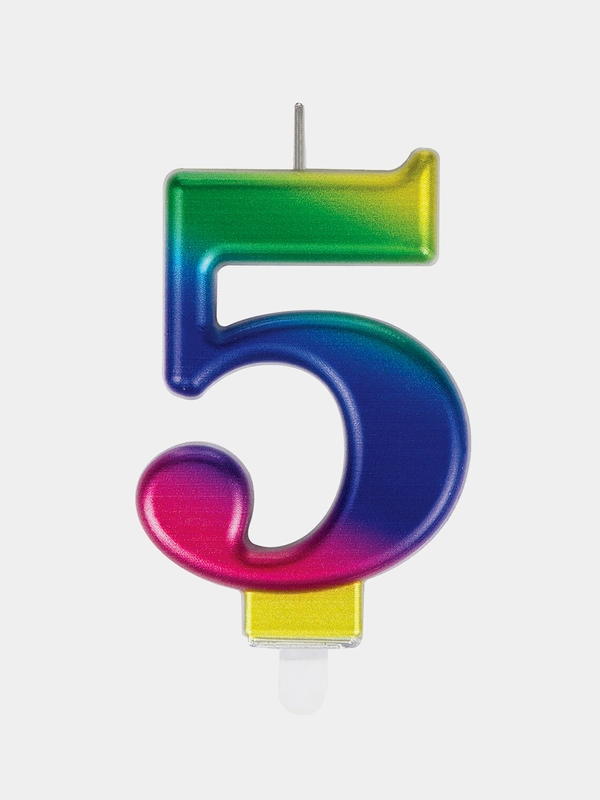 Свеча-цифра для торта "5" "Радужная", 9 см, ЗОЛОТАЯ СКАЗКА, с держателем, в блистере