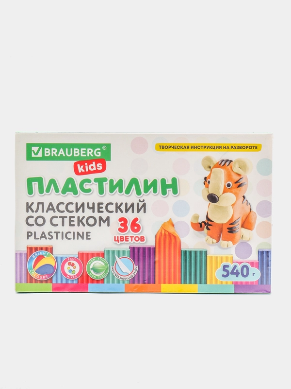 Пластилин классический детский набор для лепки, стек, 36 цв, 540 г, Brauberg Kids, 106678