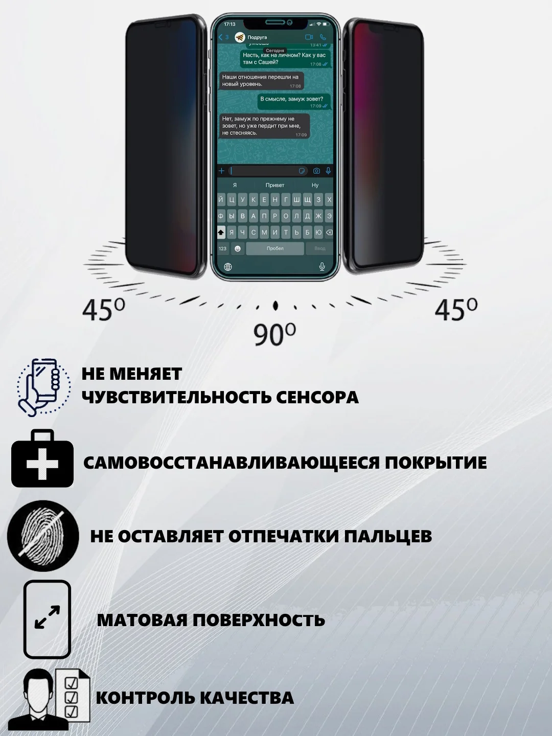 Гидрогелевая пленка антишпион для iPhone 11/12/13/14/15 Pro Max/Plus/XS/XR/mini