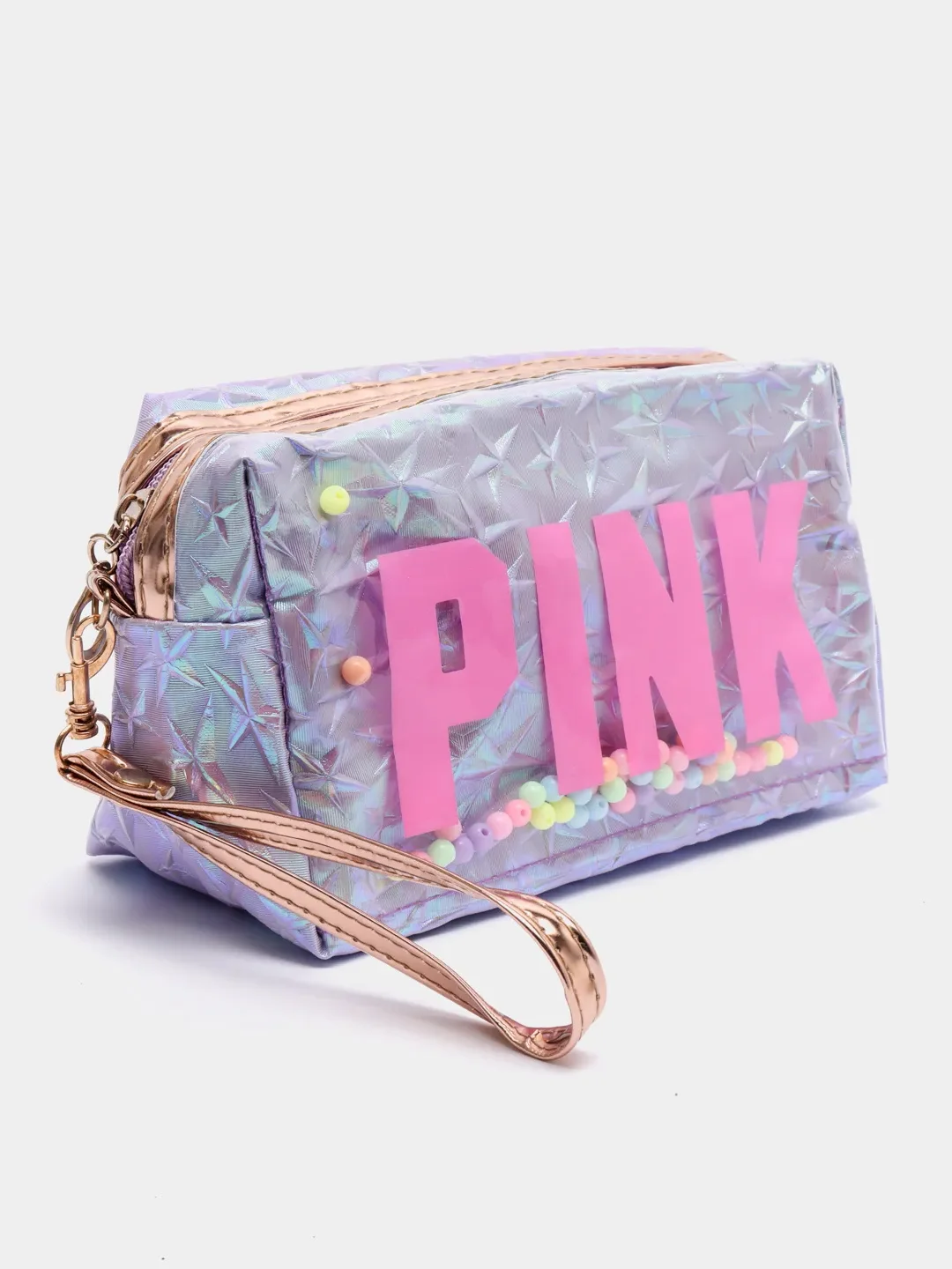 Розовый косметичка PINK на молнии с бусинами