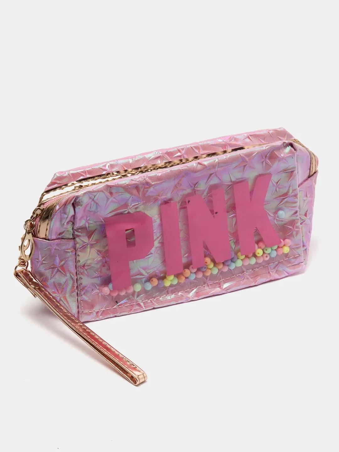 Розовый косметичка PINK на молнии с бусинами