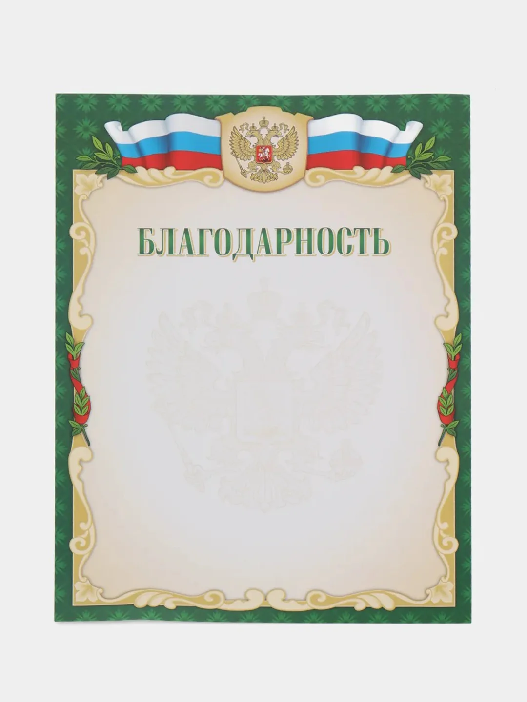 Зеленый благодарность, благодарственное письмо, герб РТ, герб РФ, размер 21*29,7 см