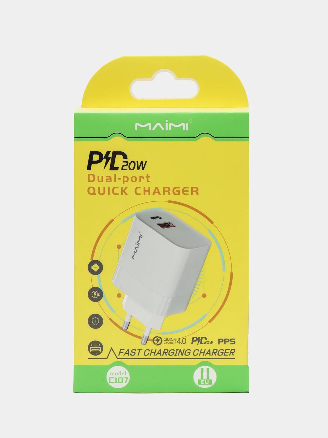 Белый сетевое зарядное устройство Maimi C107 PD20W + QC4.0, 2 выхода, Type-C, USB-A