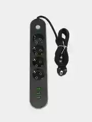 Черный сетевой фильтр-удлинитель, с USB разъёмами, 2 метра, с заземлением