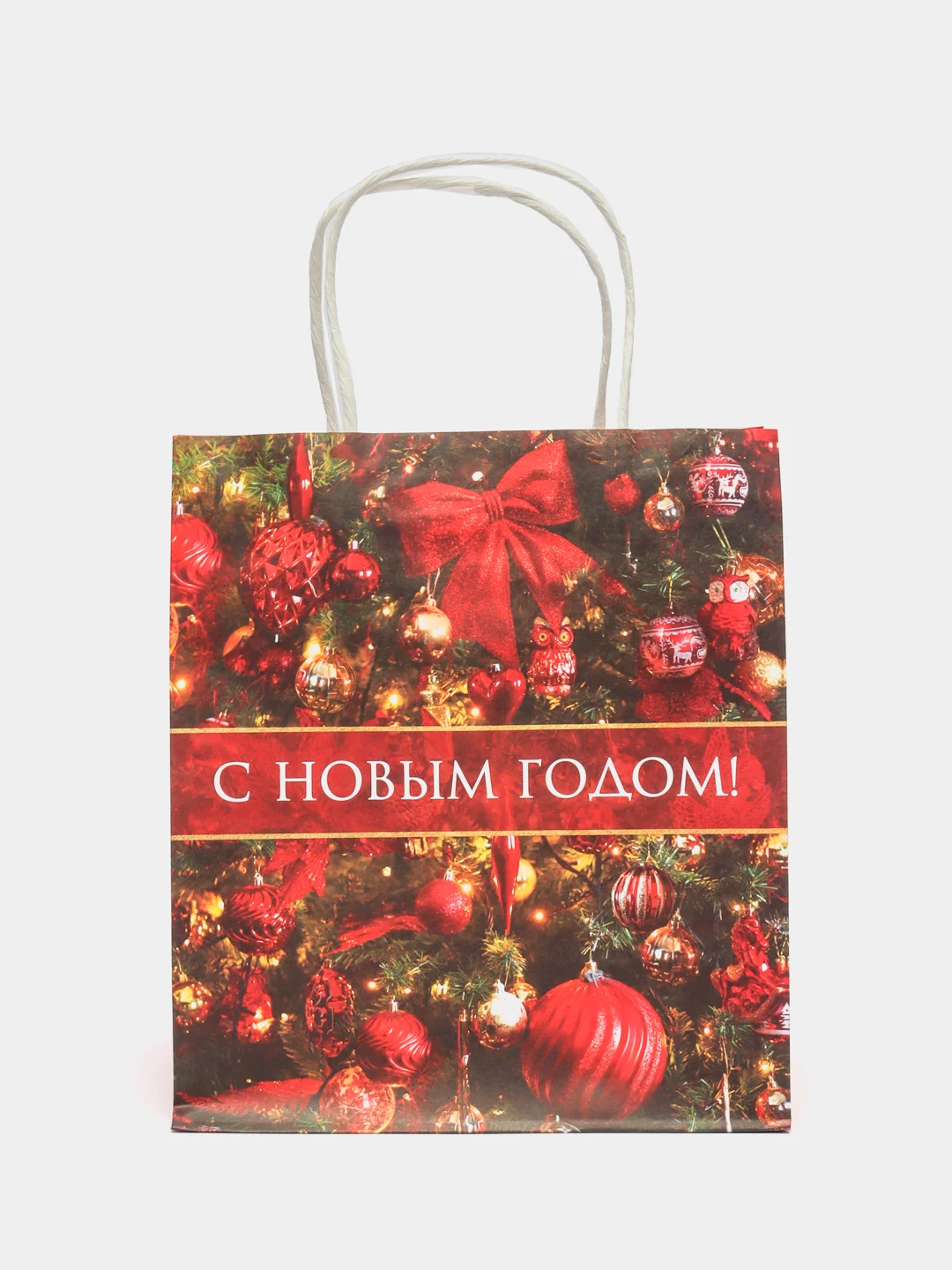 Алый подарочный новогодний пакет, крафтовый
