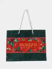 Зеленый подарочный новогодний пакет, бумажный, 23 х 18 х 10