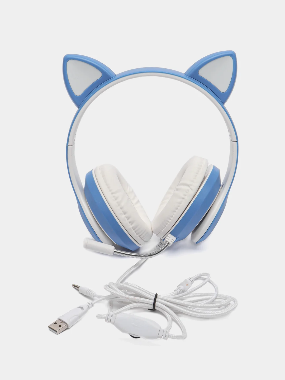 Синий наушники беспроводные/проводные детские, Bluetooth, с кошачьими светящимися ушками