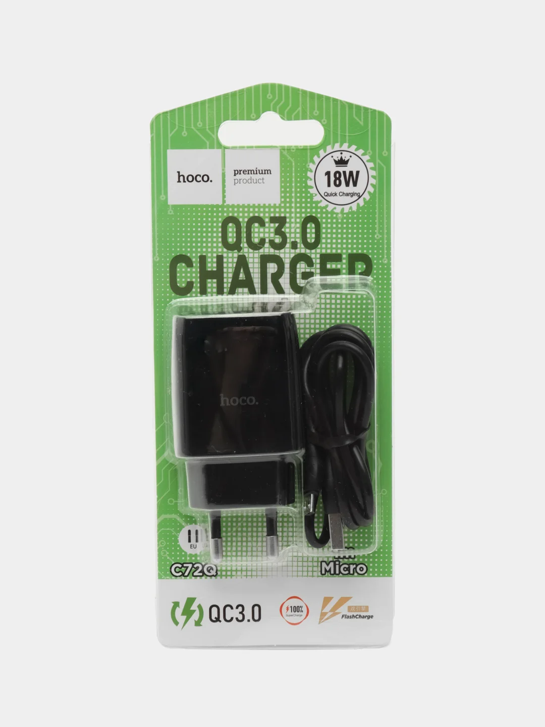 Черный сетевое зарядное устройство Hoco C72Q, быстрая зарядка, micro USB, Type-C, 18A