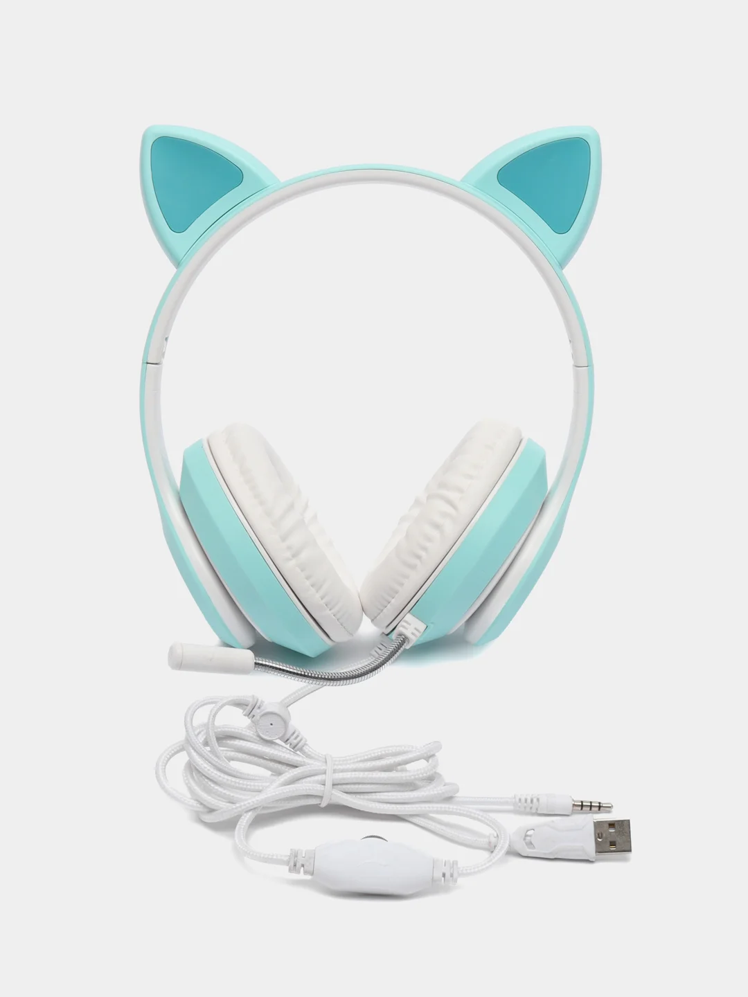 Голубой наушники беспроводные/проводные детские, Bluetooth, с кошачьими светящимися ушками
