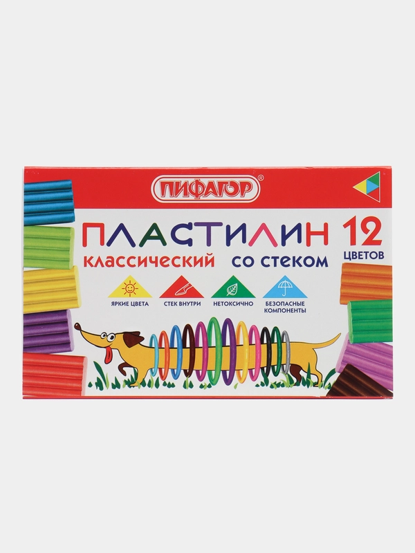 Пластилин классический Пифагор "Веселая такса", со стеком, 12 цветов, 180 грамм