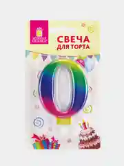 Свеча-цифра для торта "0" "Радужная", 9 см, ЗОЛОТАЯ СКАЗКА, с держателем, в блистере