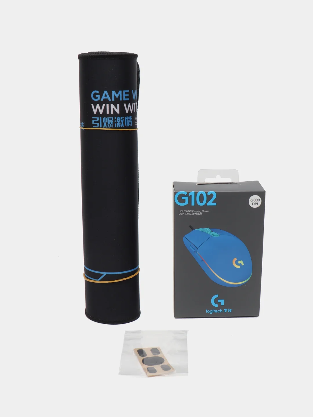 Лазурный комплект: мышь Logitech G102 (синяя, черная, белая), коврик и противоскользящие коньки