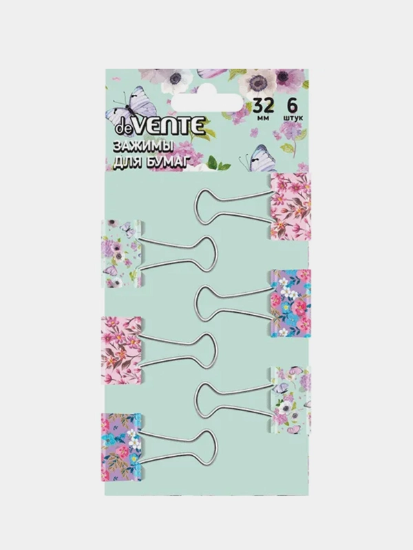 Зажим для бумаг "deVENTE. Flowers" метал (32 мм) толщина скреп. до 13,5 мм,ассорти, 6 шт