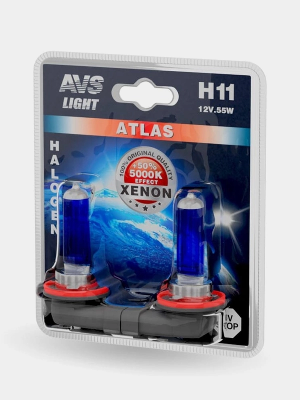 Галогенная лампа AVS ATLAS, 5000К, H11, 12V, 55W, 2шт